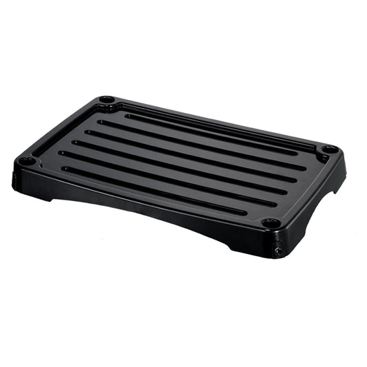 Die Unold Ablagefläche unten für BARBECUE-GRILL 58550 + 58565 ist eine schwarze rechteckige Kunststoffplattform mit geriffelten Rillen und abgerundeten Ecken, abgebildet auf weißem Hintergrund.