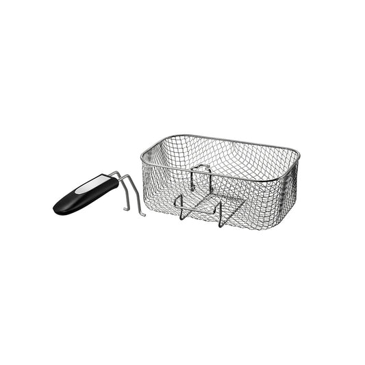 Der Unold Frittierkorb mit Griff für FRITTEUSE Kompakt 58615, ein rechteckiger Metalldrahtgeflechtkorb mit schwarzem Griff, ist vor weißem Hintergrund abgebildet.