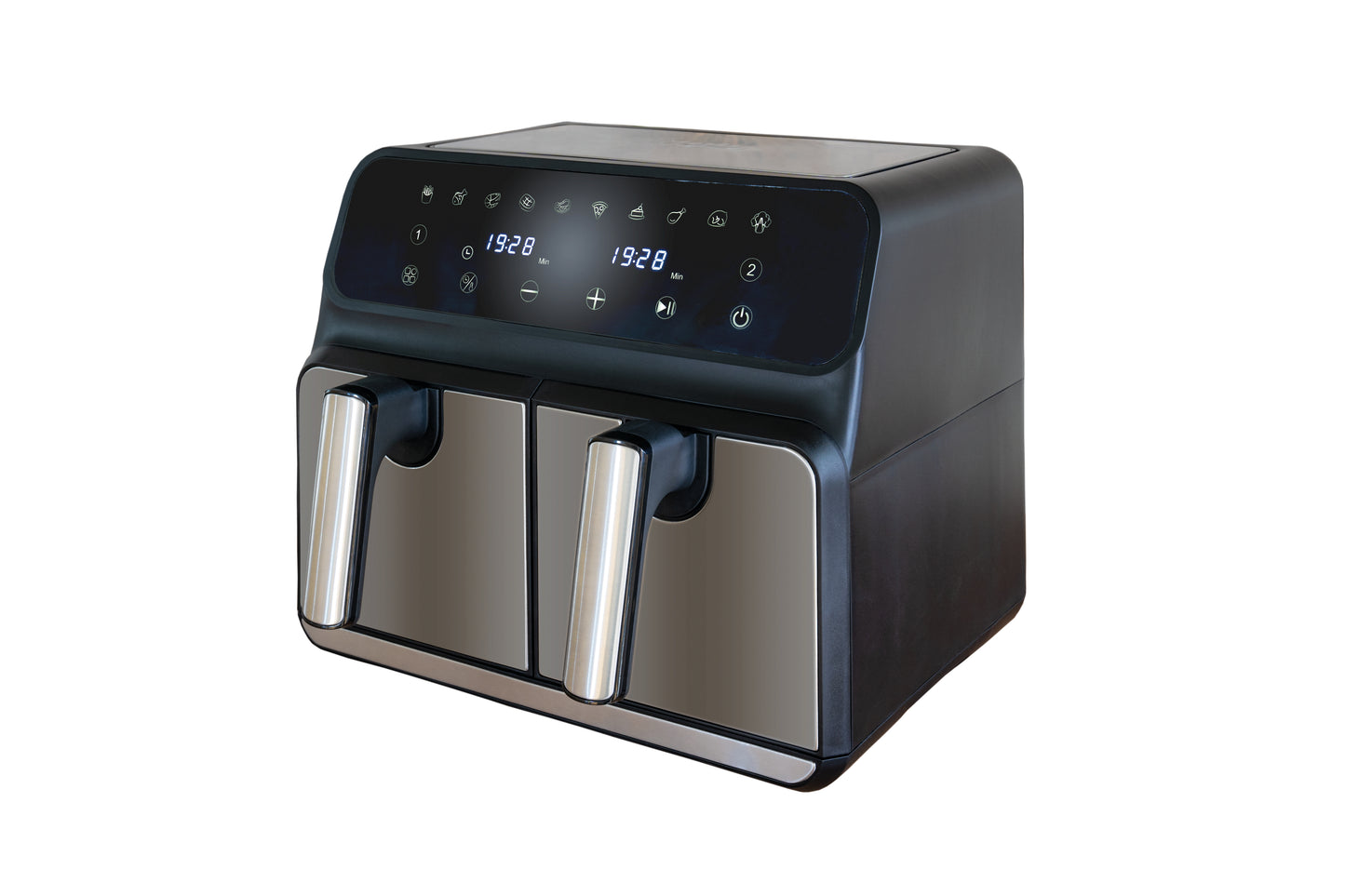 Die Unold Heißluftfritteuse Doppelkammer Twin Zone ist eine moderne schwarz-silberne Heißluftfritteuse mit Doppelkorb, digitalem Touchscreen, blauen LED-Anzeigen und zwei großen Griffen, die isoliert auf weißem Hintergrund dargestellt sind.