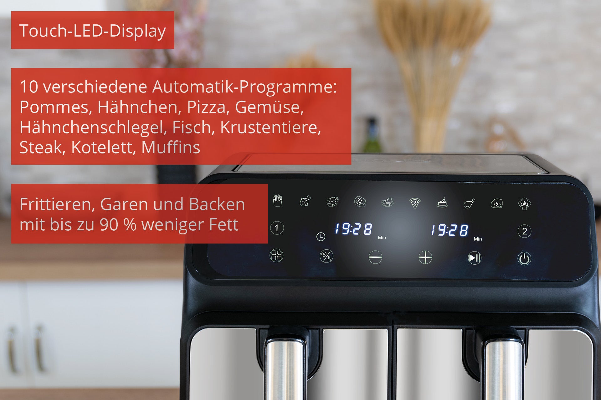 Auf der Küchentheke steht eine schwarze Unold Heißluftfritteuse Doppelkammer Twin Zone mit Touch-LED-Display, die mit 10 Automatikprogrammen und der Möglichkeit zum Frittieren mit bis zu 90 % weniger Fett aufwartet.