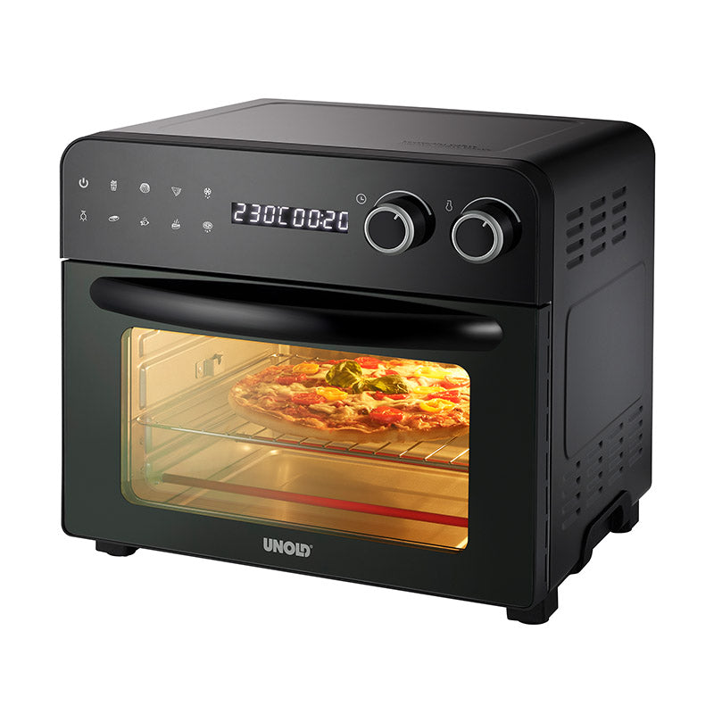 Der Unold Backofen-Fritteuse Diamant ist ein schwarzer Tischbackofen mit digitaler Steuerung und zwei Drehreglern für 230 °C und 0:20. Die leicht geöffnete Tür gibt den Blick auf eine Pizza frei, die im Inneren backt.