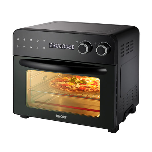 Der Unold Backofen-Fritteuse Diamant ist ein schwarzer Tischbackofen mit digitaler Steuerung und zwei Drehreglern für 230 °C und 0:20. Die leicht geöffnete Tür gibt den Blick auf eine Pizza frei, die im Inneren backt.