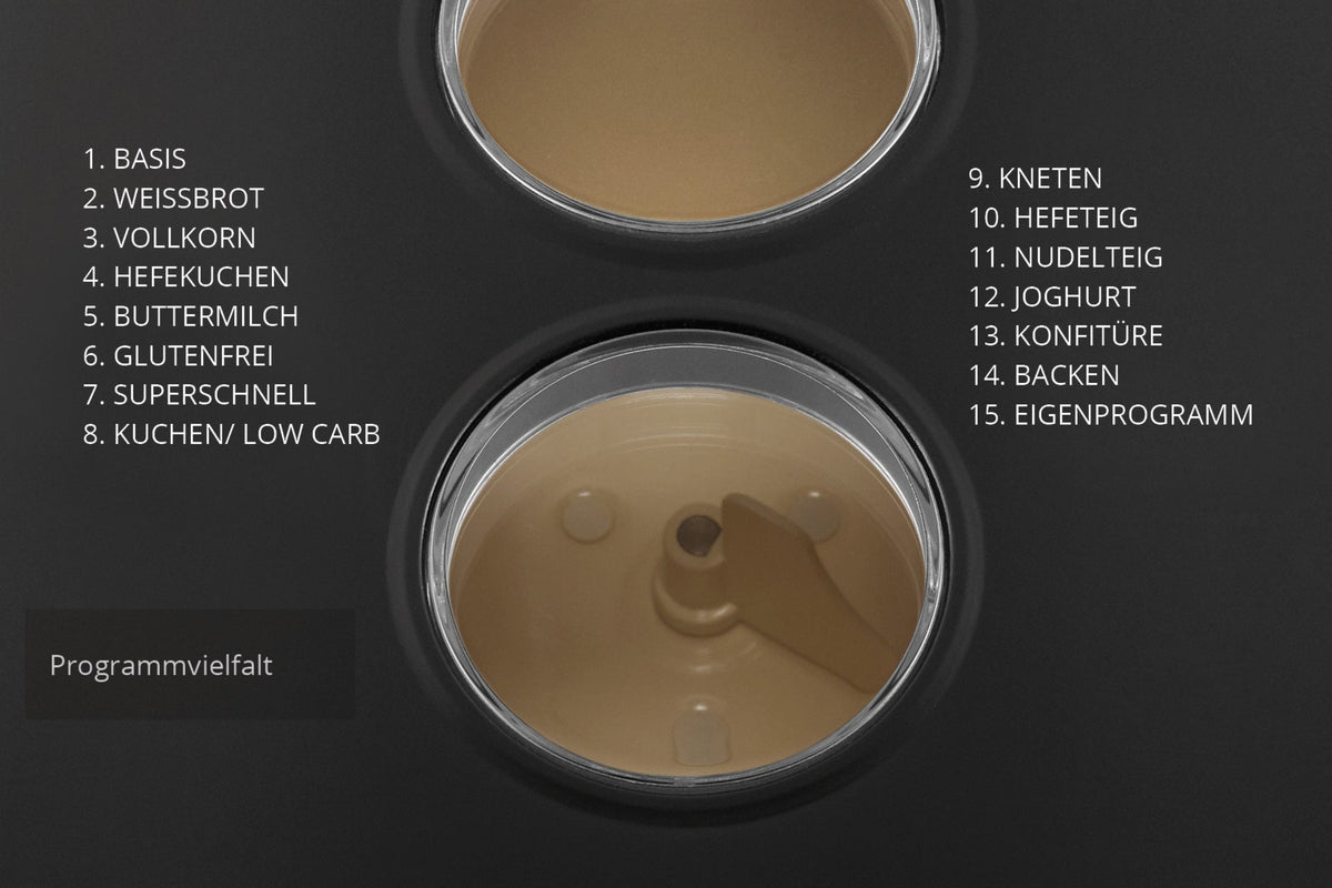 Nahaufnahme des Unold Backmeister® Big-Bedienfelds mit zwei Knetfächern und einer deutschen Liste mit 15 Backprogrammen, darunter „Weißbrot“, „Vollkorn“ und „Joghurt“.