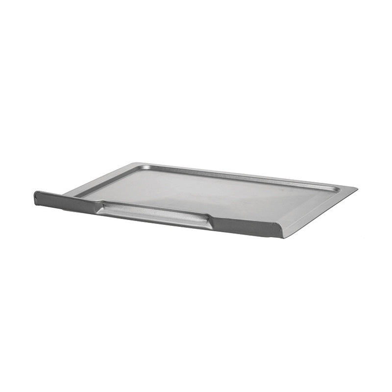 Die Unold Krümelschublade für OFEN Electronic 68846 ist eine rechteckige Krümelschublade aus Metall mit einem einseitig erhöhten Rand, abgebildet auf weißem Hintergrund.