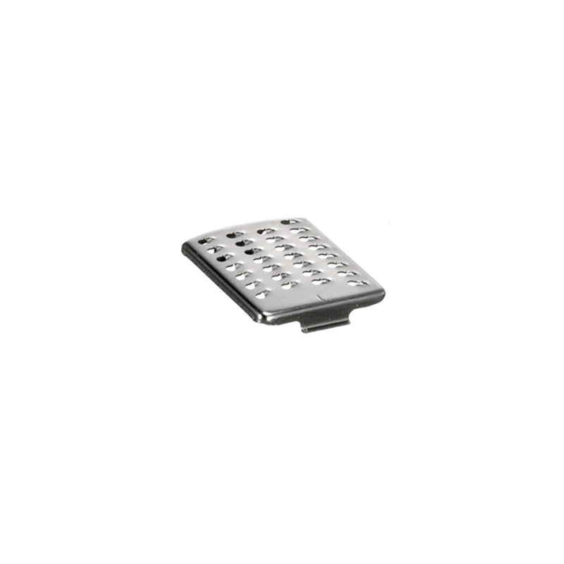 Die Unold Raspelscheibe fein (Nr.1) für die KÜCHENMASCHINE Kompakt 78501 ist eine kleine, rechteckige Edelstahlreibe mit mehreren Löchern zum feinen Reiben oder Zesten, abgebildet auf einem schlichten weißen Hintergrund.