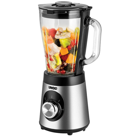 Der Unold Standmixer Edel, ein silber-schwarzer elektrischer Mixer mit durchsichtigem Krug und Drehregler, ist mit gehackten Bananen, Kiwis, Beeren und Orangenstücken vor einem weißen Hintergrund gefüllt.