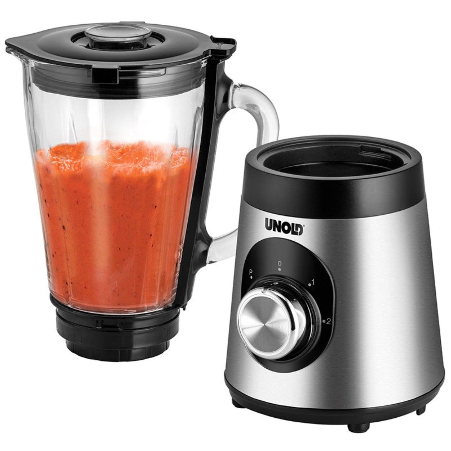 Der Unold Standmixer Edel mit Edelstahlsockel und Drehregler steht neben seinem Glaskrug, der mit einer roten Flüssigkeit gefüllt ist, möglicherweise einem Smoothie oder einer Soße.