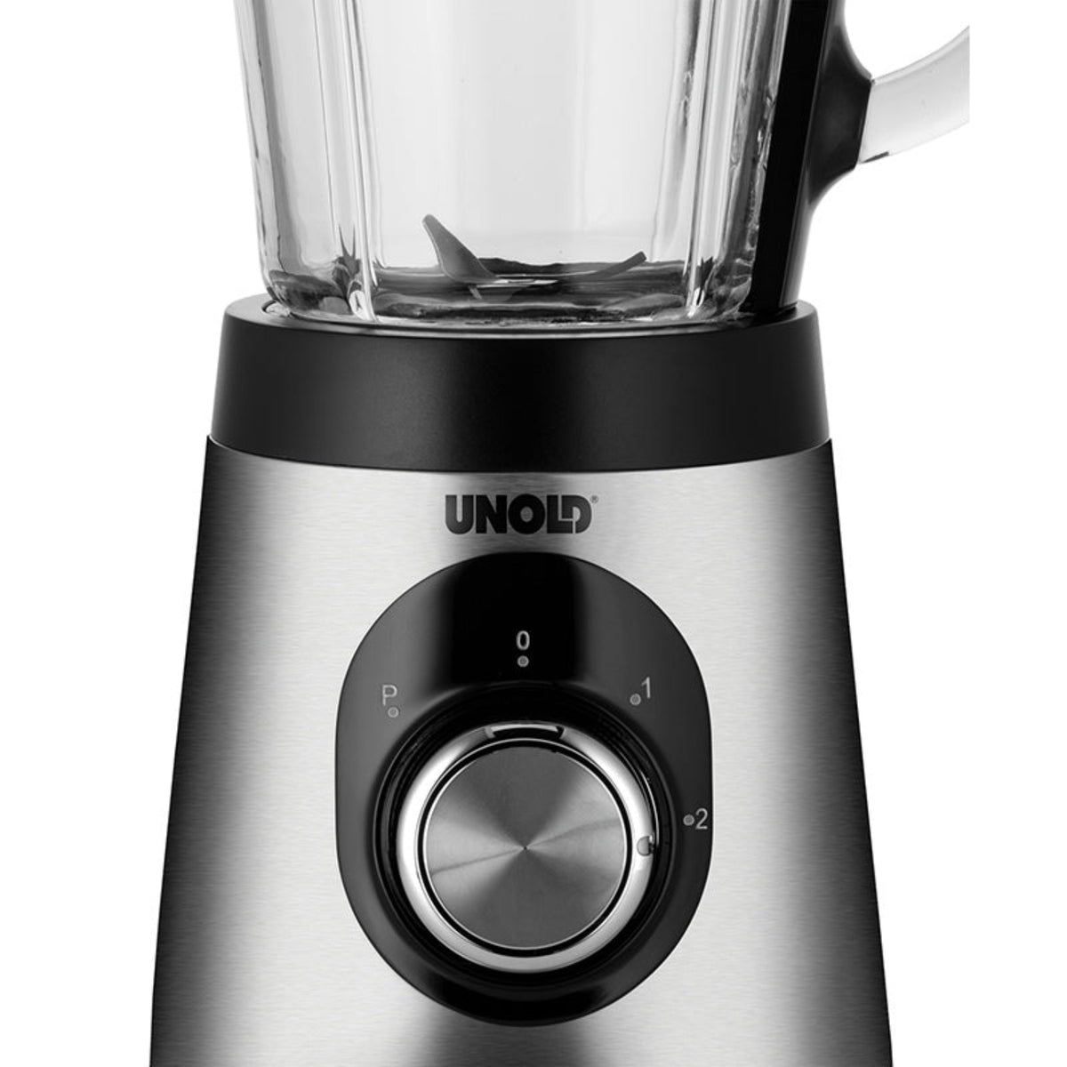 Nahaufnahme der Edelstahlbasis des Unold Standmixers Edel mit einem großen Drehregler für mehrere Geschwindigkeiten und dem Boden des oben angebrachten Mixbehälters aus klarem Glas.