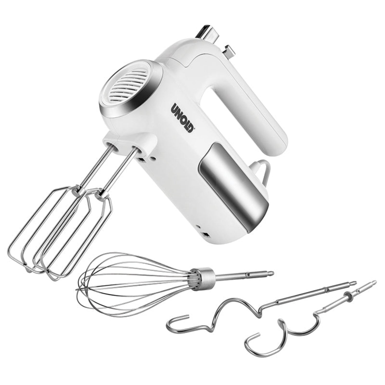 Der Unold Handmixer 3 in 1, ein weißer elektrischer Handmixer mit Chrom-Akzenten, wird mit zwei angebrachten Rührbesen und drei zusätzlichen Aufsätzen – einem Schneebesen und zwei Knethaken – vorne präsentiert.