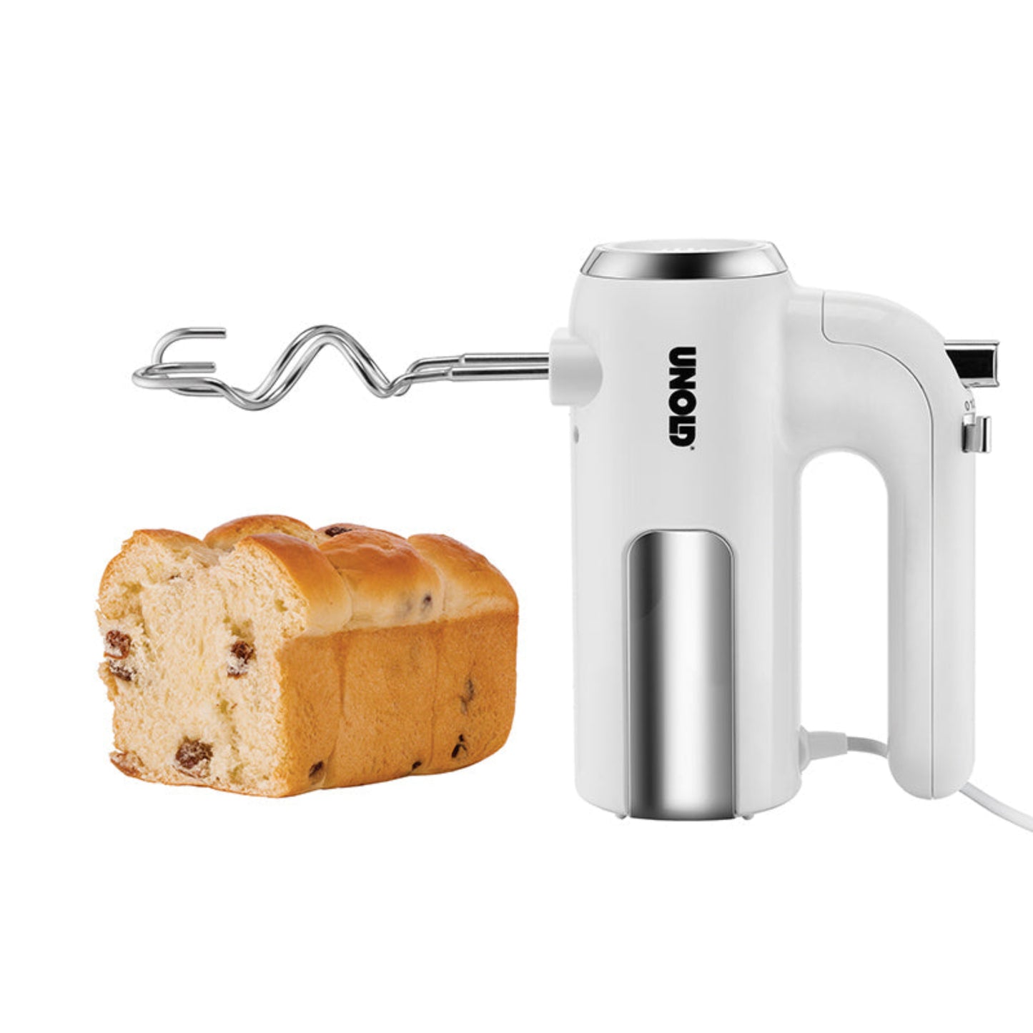 Der Unold Handmixer 3 in 1 in Weiß und Silber mit Knethakenaufsatz steht aufrecht neben einem geschnittenen Rosinenbrot.