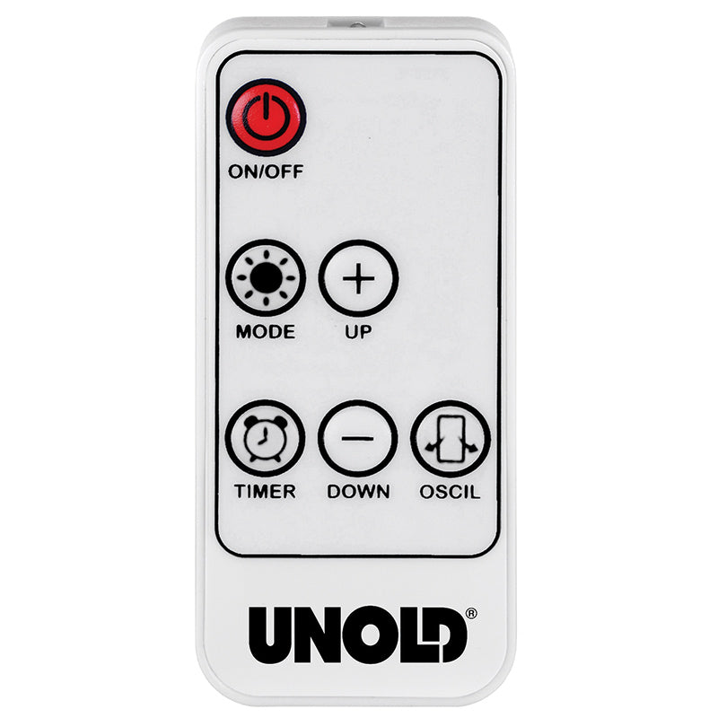 Eine weiße Fernbedienung für den Unold KERAMIK-HEIZLÜFTER DESIGN verfügt über schwarze Tasten mit der Aufschrift EIN/AUS, MODUS, TIMER, AUF, AB, OSZILLATION und zeigt unten den Markennamen Unold.