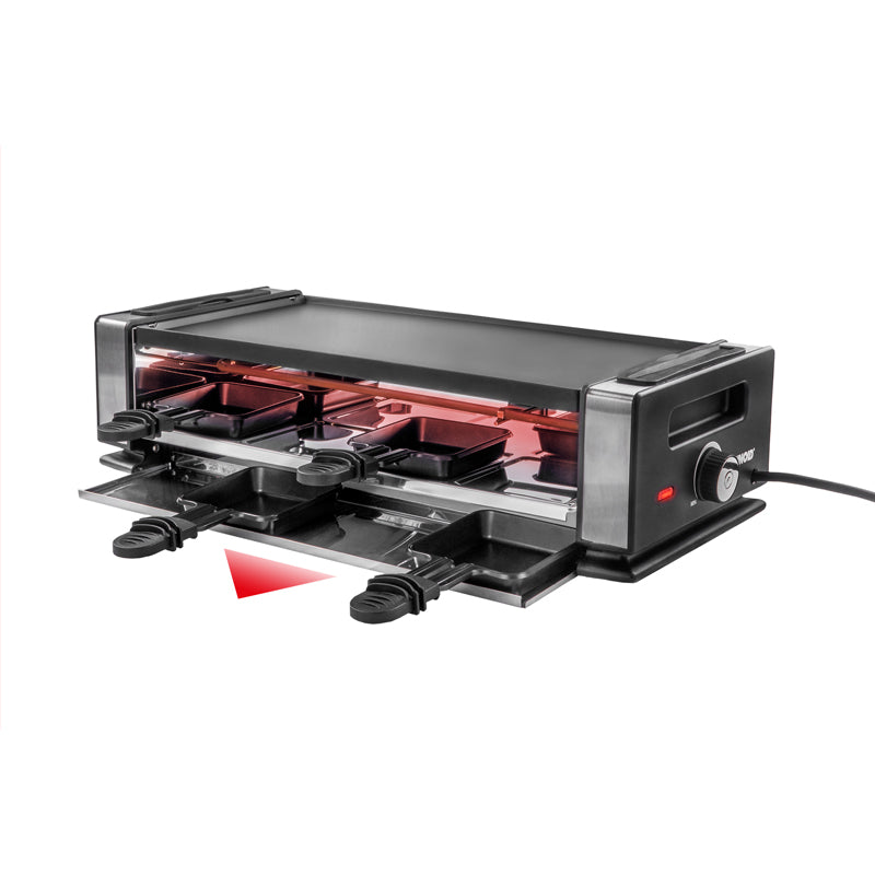 Auf weißem Grund ist das Unold Raclette Finesse Basic abgebildet, ein schwarzer Elektrogrill mit vier Pfännchen, zwei Spateln, einer Antihaftbeschichtung, einem Temperaturregler und sichtbaren roten Heizspiralen.