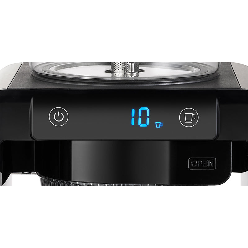 Nahaufnahme des Bedienfelds des Unold Kaffeeautomaten Aroma Star mit einer digitalen Anzeige mit der Anzeige „10“, Power- und Tassensymbolen und einer ÖFFNEN-Taste darunter.