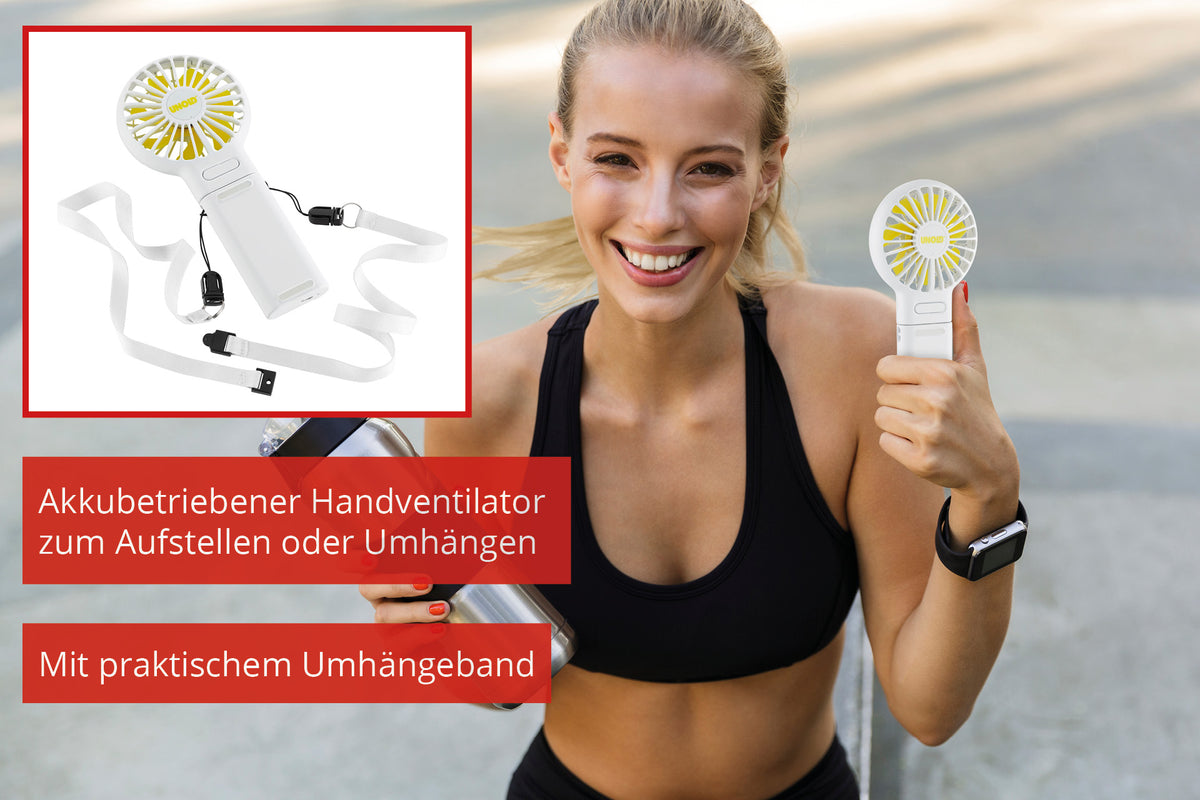 Eine lächelnde Frau hält draußen den HANDVENTILATOR BREEZY FOLD von Unold mit praktischem Trageband. Im Close-up ist das abnehmbare Band zu sehen. Text auf Deutsch hebt seine tragbare Bauweise und den Tragekomfort hervor.