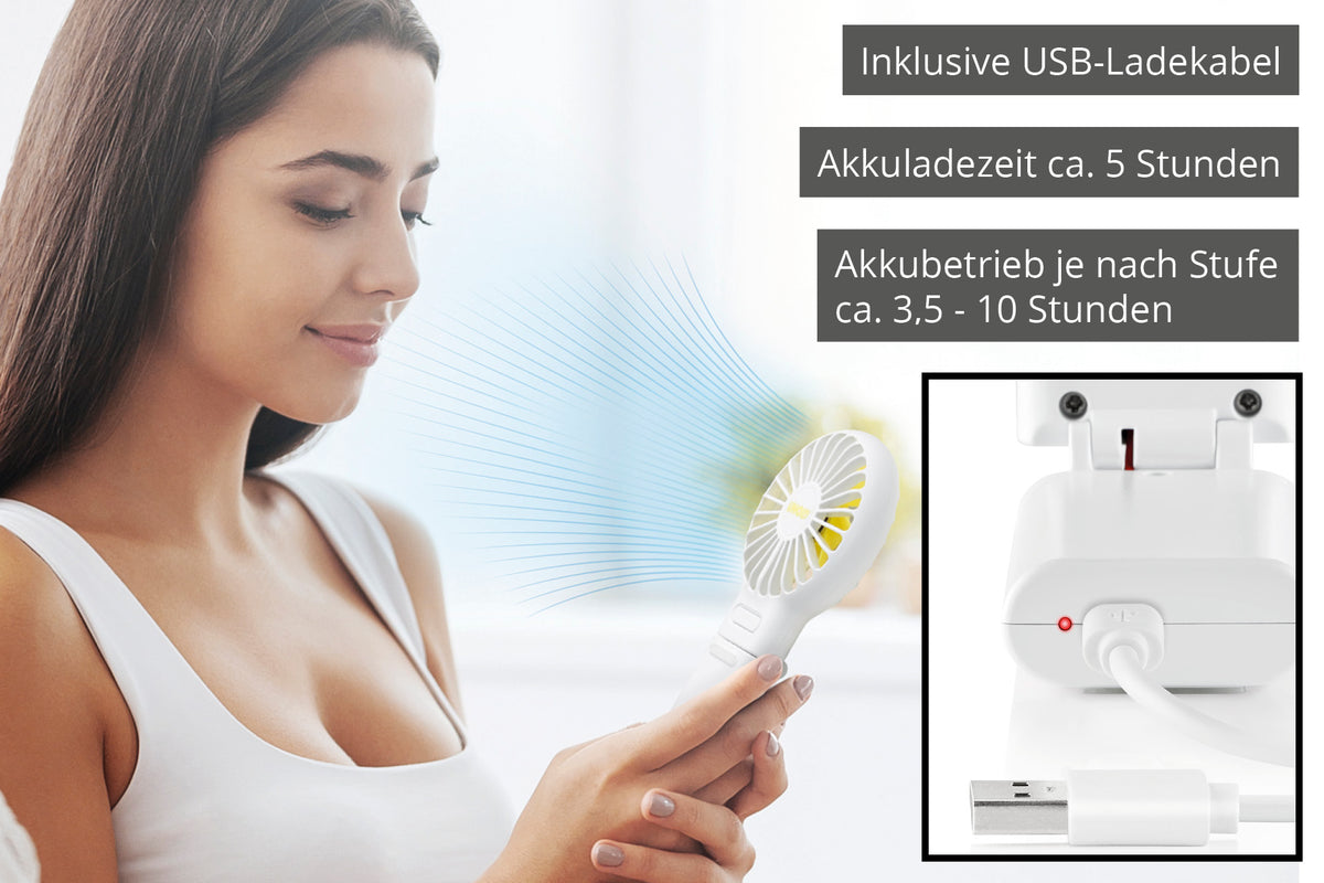 Eine Frau hält den Unold HANDVENTILATOR BREEZY FOLD, einen kompakten Ventilator. Deutscher Text hebt die Funktionen hervor: USB-Ladekabel inklusive, ca. 5 Stunden Ladezeit und 3,5–10 Stunden Akkulaufzeit je nach Einstellung.