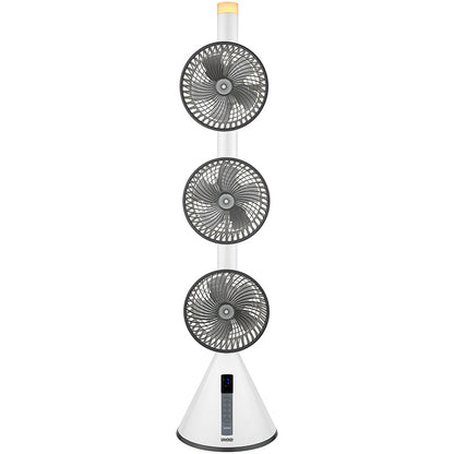 Der Unold STANDVENTILATOR 360° ist ein moderner weißer Turmventilator mit drei vertikal gestapelten, verstellbaren runden Ventilatorköpfen und einem digitalen Bedienfeld an der Basis.