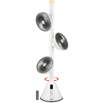 Der Unold STANDVENTILATOR 360° ist ein großer, moderner weißer Ventilator mit drei vertikal gestapelten, verstellbaren runden Köpfen, digitalen Bedienelementen an der Basis und einer Fernbedienung.