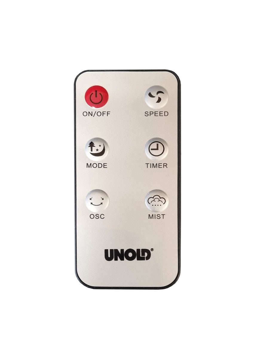 Eine weiße Unold STANDVENTILATOR NEBULA TOUCH DIGITAL-Fernbedienung verfügt über sechs runde Tasten – Ein/Aus, Geschwindigkeit, Modus, Timer, Osc und Nebel – jede mit einem Symbol auf einem schlichten weißen Hintergrund.
