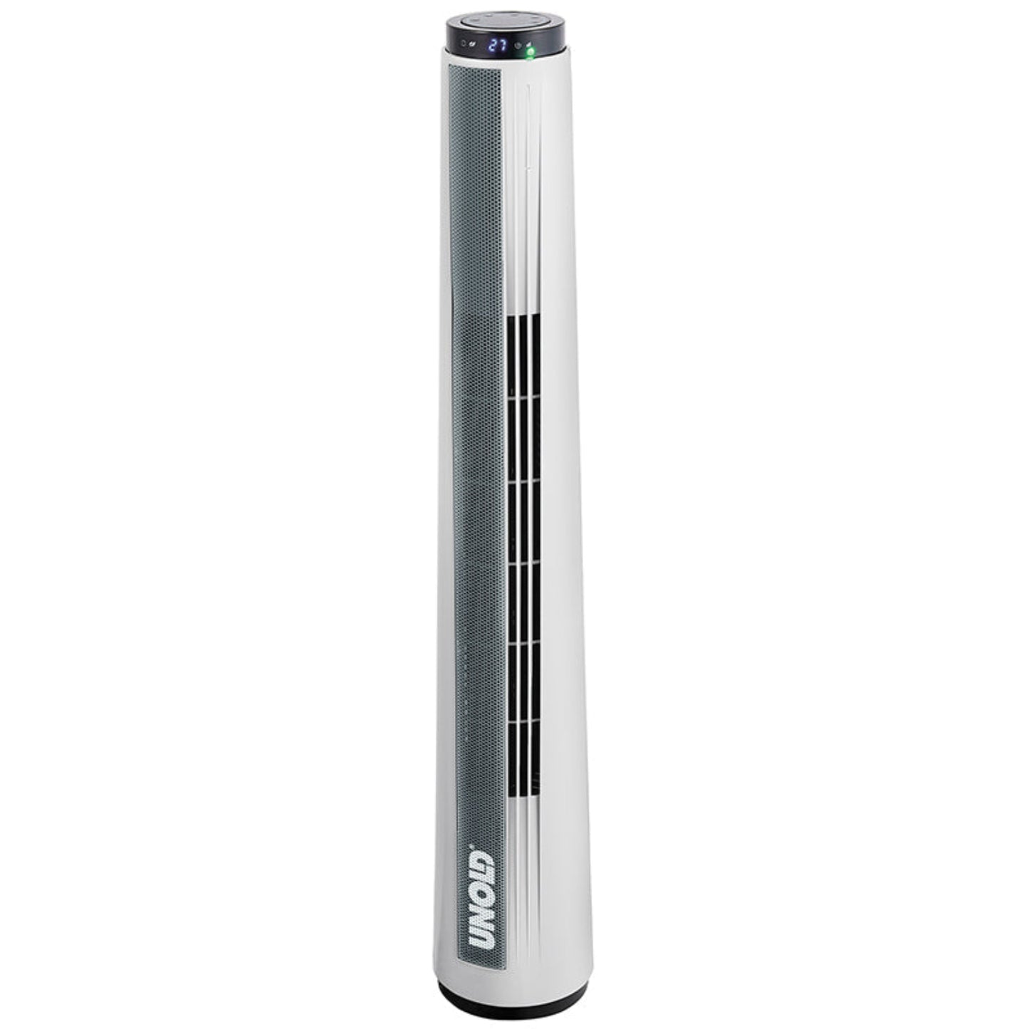 Der Unold TURMVENTILATOR SIGHT ist ein hoher, schlanker, weißer Turmventilator mit schwarzem Lüftungsteil und Digitalanzeige am oberen Ende, der aufrecht auf einem runden Sockel steht. Der Markenname Unold ist am unteren Rand zu sehen.