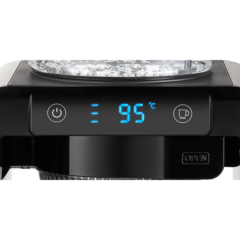 Nahaufnahme des Bedienfelds des Unold Kaffeeautomaten Aroma Star mit einer auf 95 °C eingestellten Digitalanzeige, Ein-/Aus- und Tassentasten sowie einem Teil des Wasserbehälters oben.