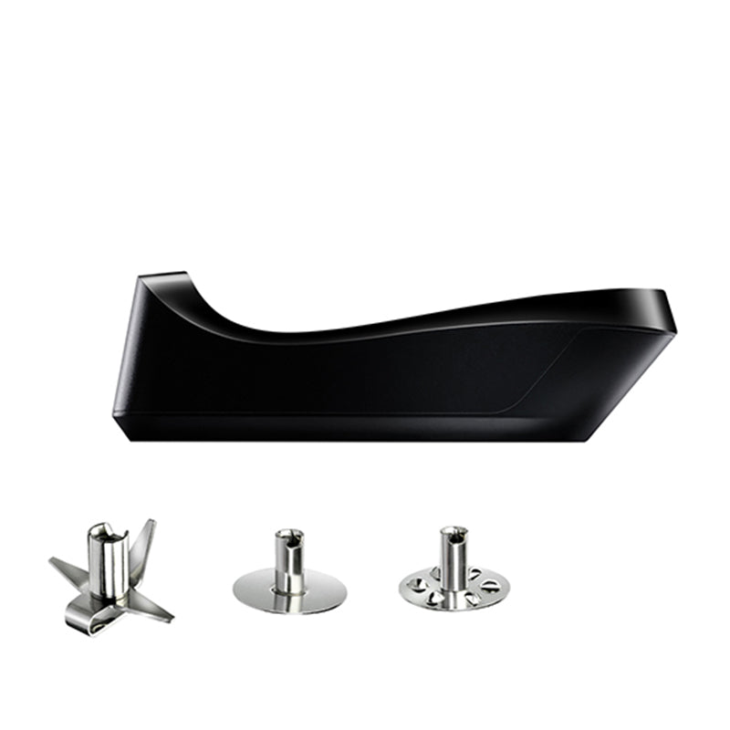 Der Standfuß des kabellosen Mixers Unold ESGE-Zauberstab® PLUS Schwarz wird über drei einzigartig geformten Metallklingenaufsätzen präsentiert, die alle vor einem weißen Hintergrund angeordnet sind.