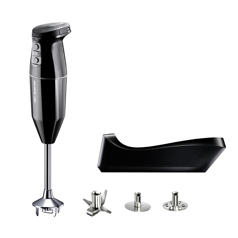 Der Unold ESGE-Zauberstab® cordless PLUS Schwarz ist ein schwarzer Stabmixer mit passendem Standfuß und drei auswechselbaren Edelstahlaufsätzen, abgebildet vor weißem Hintergrund.