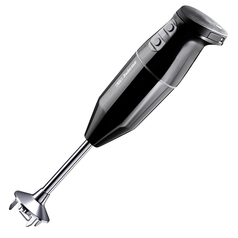Der Unold ESGE-Zauberstab® cordless PLUS Schwarz ist ein schwarzer Stabmixer mit einem Mixstab aus Edelstahl und zwei Tasten auf weißem Hintergrund.