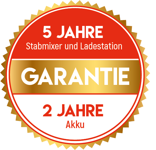 Eine gold-rote Garantieplakette für den Unold ESGE-Zauberstab® cordless Schwarz 95105: 5 Jahre Garantie auf Stabmixer & Ladestation, 2 Jahre auf Akku. (5 Jahre Garantie auf Stabmixer & Ladestation, 2 Jahre auf Akku).