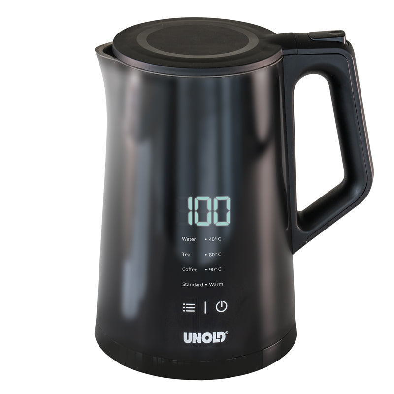 Der Unold Blitzkocher Edelstahl Digital 1,5 L ist ein schwarzer Wasserkocher mit Digitalanzeige bis 100 und beschrifteten Temperaturstufen für Wasser, Tee und Kaffee. Das Unold-Logo befindet sich auf der Unterseite des Wasserkochers.