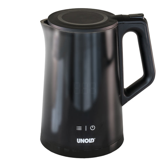 Der Unold Blitzkocher Edelstahl Digital 1,5 L ist ein eleganter schwarzer Wasserkocher mit einem Griff auf der rechten Seite, einem Deckel oben, Touch-Control-Symbolen und dem Unold-Logo auf der Vorderseite des Sockels.