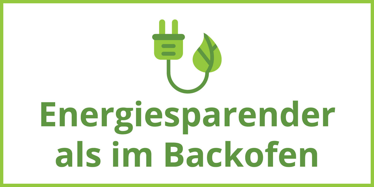 Neben der Unold Heißluftfritteuse XL, abgebildet auf weißem Hintergrund mit grünem Rand, befindet sich ein grüner Stecker mit Blattsymbol über dem deutschen Text „Energiesparender als im Backofen“.