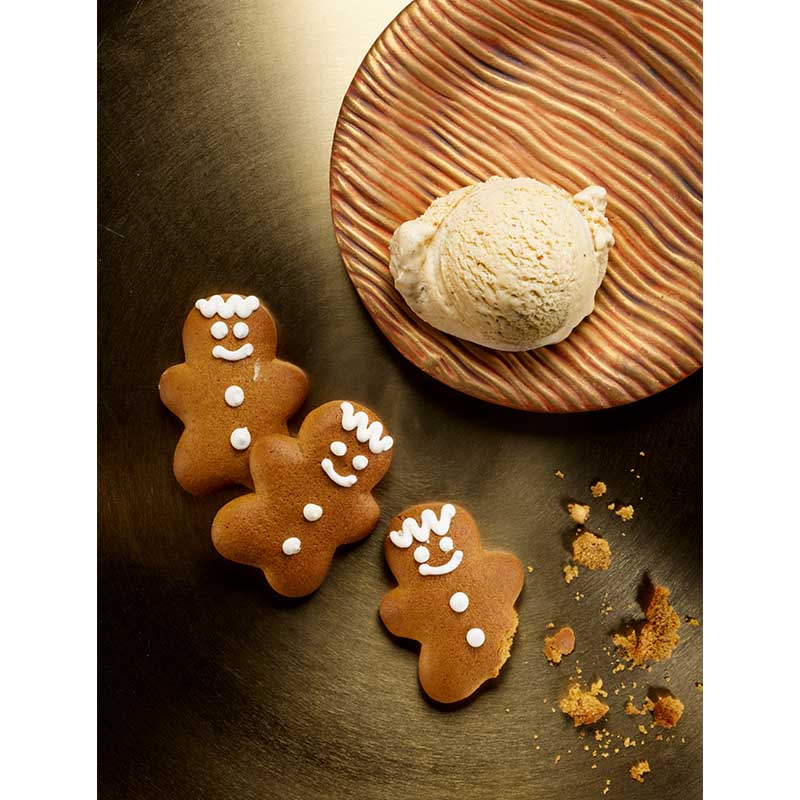 Drei Lebkuchen mit Zuckergussgesichtern liegen auf einer goldenen Oberfläche neben einem braun gestreiften Teller mit einer Kugel Vanilleeis (Rezept aus „Eisbuch – 101 Eisrezepte“ von Unold). In der Nähe liegen verstreut Kekskrümel.