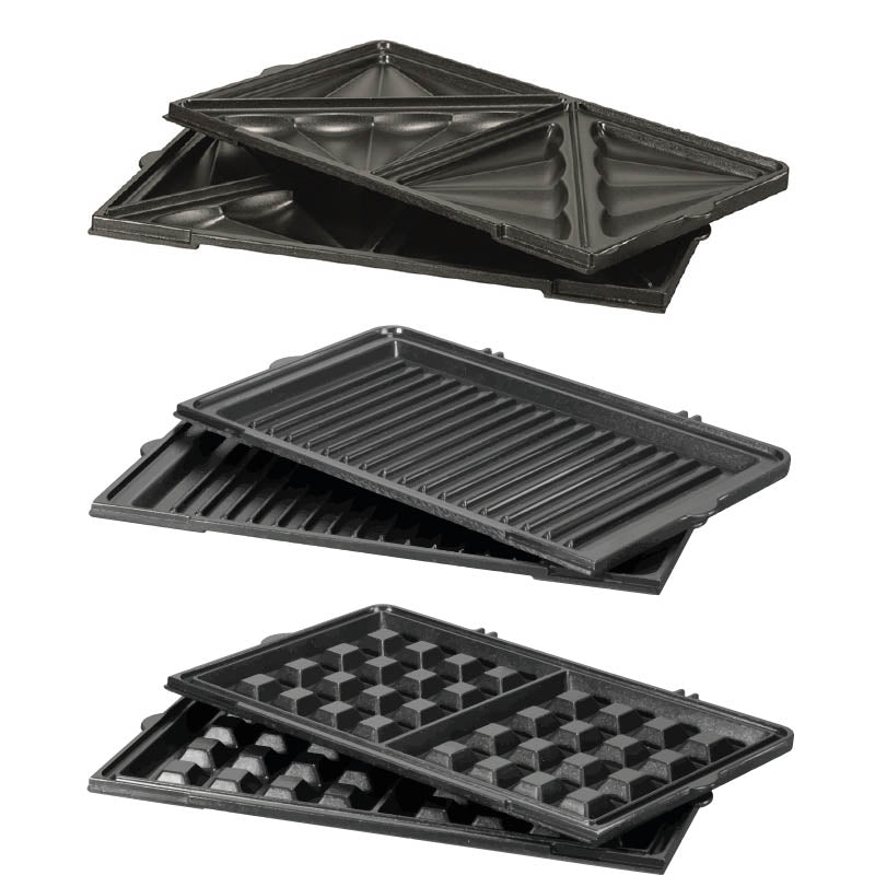 Das Unold PLATTENSET für MULTI 3 in 1 Onyx umfasst drei Arten austauschbarer schwarzer Antihaftplatten – Sandwichmaker, Grill und Waffel – die paarweise gestapelt und vertikal vor einem weißen Hintergrund dargestellt sind.