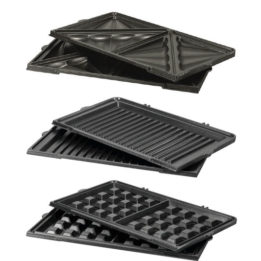 Das Unold PLATTENSET für MULTI 3 in 1 Onyx umfasst drei Arten austauschbarer schwarzer Antihaftplatten – Sandwichmaker, Grill und Waffel – die paarweise gestapelt und vertikal vor einem weißen Hintergrund dargestellt sind.