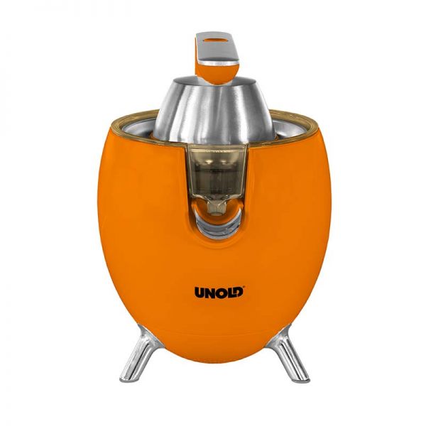 Die Unold ZITRUSPRESSE Power Juicy ist eine orange-silberne elektrische Zitruspresse mit modernem, abgerundetem Design, deren Vorderseite mit „Unold“ beschriftet ist und über einen Ausguss, einen Deckel und stabile Metallbeine verfügt.