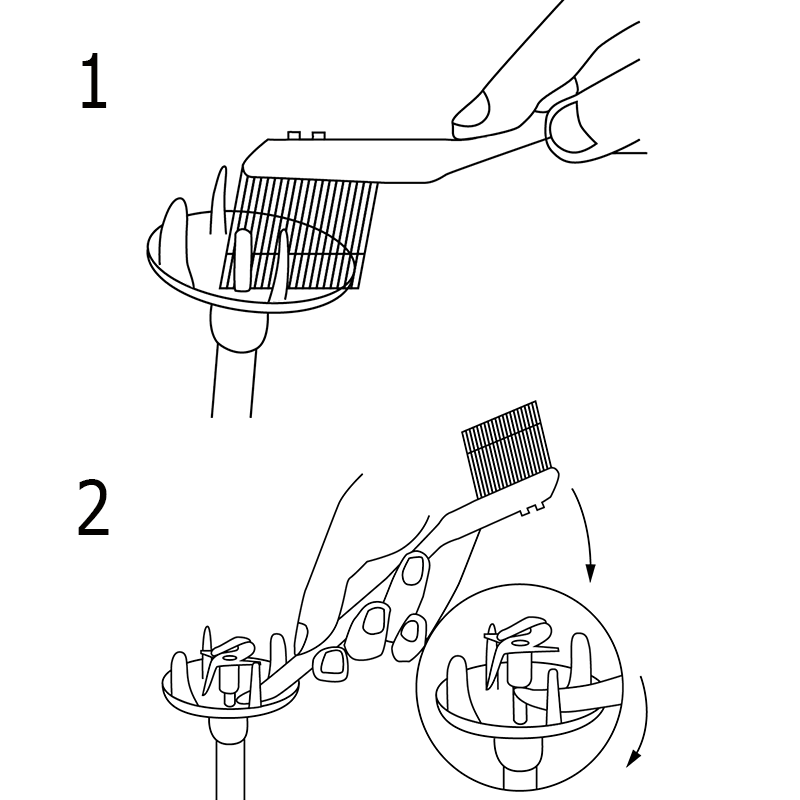 Strichzeichnung, die zwei Schritte zeigt: 1) Eine Hand reinigt die Unold ESGE-Zauberstab Reinigungsbürste mit einem Kamm. 2) Die Hand schneidet mit einer Schere verfilzte Haare am Bürstenkopf ab, ein Pfeil zeigt die Bürstenrotation an.