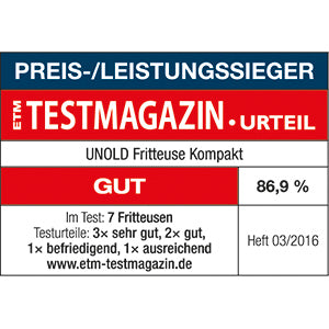 Das ETM Testmagazin zeichnete die Unold Fritteuse Kompakt in der Ausgabe 03/2016 als PREIS-/LEISTUNGSSIEGER (GUT, 86,9 %) unter 7 getesteten Fritteusen aus. Weitere Infos unter www.etm-testmagazin.de.