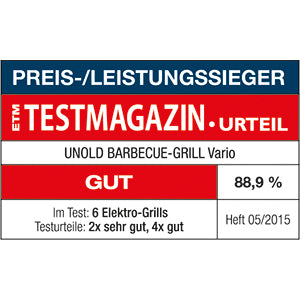Das ETM Testmagazin bewertete den Unold 58565 Barbecue-Grill Vario im Jahr 2015 im Test mit 6 Elektrogrills (2 sehr gut, 4 gut) als PREIS-/LEISTUNGSSIEGER mit „GUT“ (88,9 %). Marke: Unold.