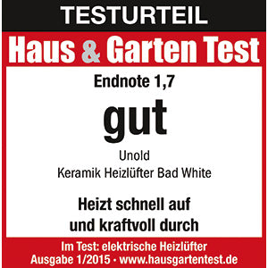 Haus & Garten Test bewertete das Unold KERAMIK-HEIZLÜFTER BAD mit der Note 1,7 (gut) und hob insbesondere seine schnelle und leistungsstarke Heizleistung hervor. Website und Ausgabeinformationen finden Sie unter dem Etikett.