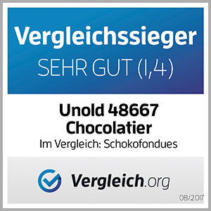 Unold Chocolatier bewertete SEHR GUT (1,4) als Vergleichssieger im Schokofondue von Vergleich.org. Ausgezeichnet 08/2017.