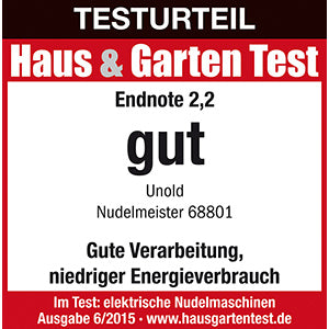 Das „Haus & Garten Test“-Bewertungssiegel für den Unold Nudelmeister zeigt die Note 2,2 („gut“) und würdigt damit die gute Verarbeitung sowie den niedrigen Energieverbrauch; weitere Testdetails finden Sie weiter unten.