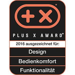 Der Unold Eiswürfelbereiter Edel erhielt den Plus X Award 2016 für Design, Bedienkomfort und Funktionalität. Das Logo zeigt ein orangefarbenes Plus- und X-Symbol mit dem Text „ausgezeichnet für: Design, Bedienkomfort, Funktionalität“.