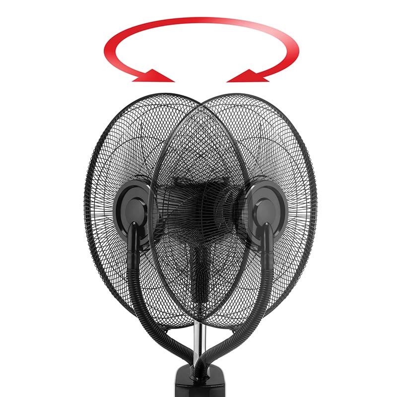 Der Unold STANDVENTILATOR NEBULA TOUCH DIGITAL, ein schwarzer Oszillationsventilator mit zwei runden Maschengittern, ist von hinten abgebildet, mit einem roten Pfeil darüber, der seine seitliche Rotation anzeigt.