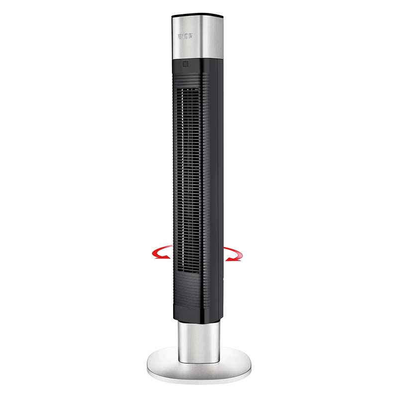 Der Unold TURMVENTILATOR EDEL ist ein hoher, schwarz-silberner Turmventilator mit rundem Standfuß. Sein schlankes, modernes Design zeichnet sich durch eine vertikale Frontöffnung aus, und rote Pfeile heben die Oszillationsfunktion hervor.