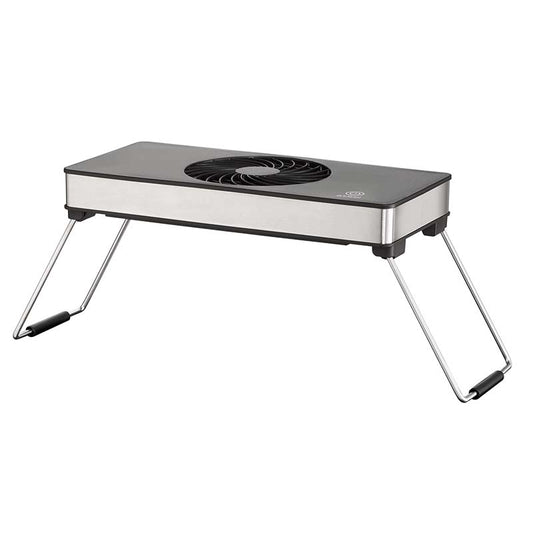 Die Unold Abzugshaube Smokeless verfügt über ein rechteckiges Design mit einer Konstruktion aus Metall und Kunststoff, klappbaren silbernen Beinen zur Erhöhung und einem zentralen schwarzen Kühlventilator an der Oberseite.