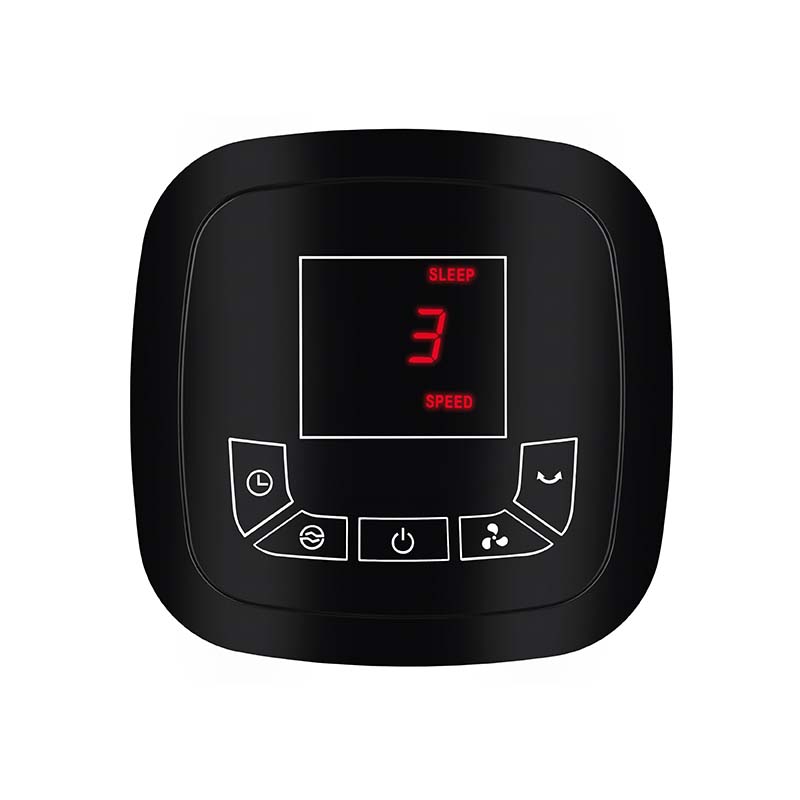 Der Unold TURMVENTILATOR EDEL verfügt über ein schwarzes digitales Bedienfeld mit einer roten LED-Anzeige mit der Anzeige SLEEP 3 SPEED sowie fünf Funktionstasten unterhalb des Bildschirms.