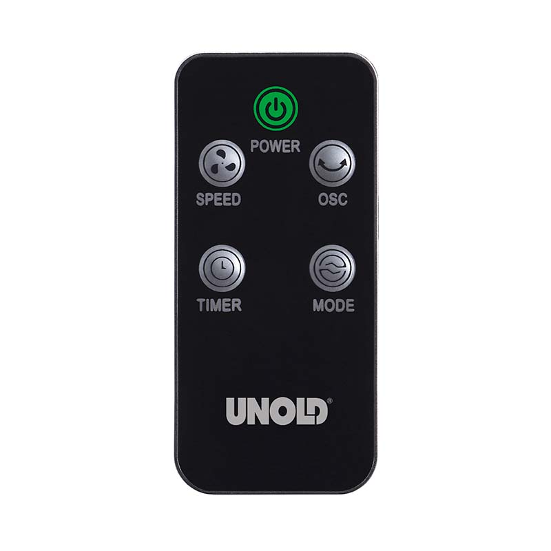 Eine schwarze Unold TURMVENTILATOR EDEL Fernbedienung mit fünf Tasten: oben ein grüner Power-Button, in der Mitte Speed und OSC, darunter Timer und Modus sowie unten das Unold-Logo.