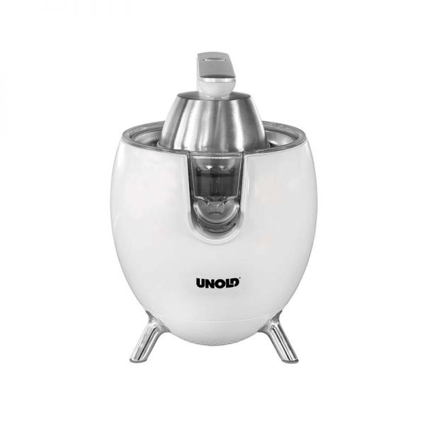 Die Unold ZITRUSPRESSE Power Juicy ist eine weiß-silberne elektrische Zitruspresse mit abgerundetem Korpus, Ausguss und drei abgewinkelten Standfüßen. Auf der Vorderseite ist der Markenname „Unold“ zu sehen.