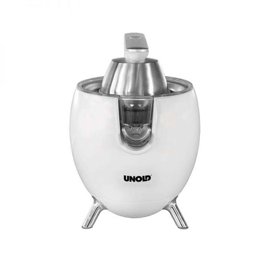Die Unold ZITRUSPRESSE Power Juicy ist eine weiß-silberne elektrische Zitruspresse mit abgerundetem Korpus, Ausguss und drei abgewinkelten Standfüßen. Auf der Vorderseite ist der Markenname „Unold“ zu sehen.