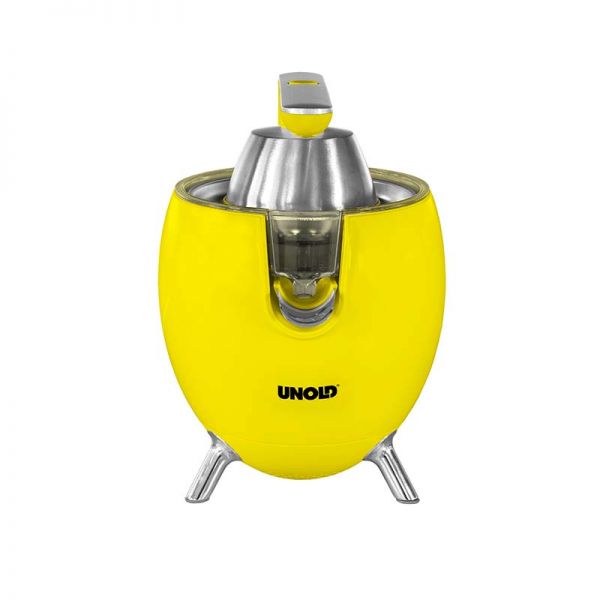 Die Unold ZITRUSPRESSE Power Juicy ist eine gelbe elektrische Zitruspresse mit Deckel und Ausguss aus Edelstahl, getragen von drei silbernen Beinen.